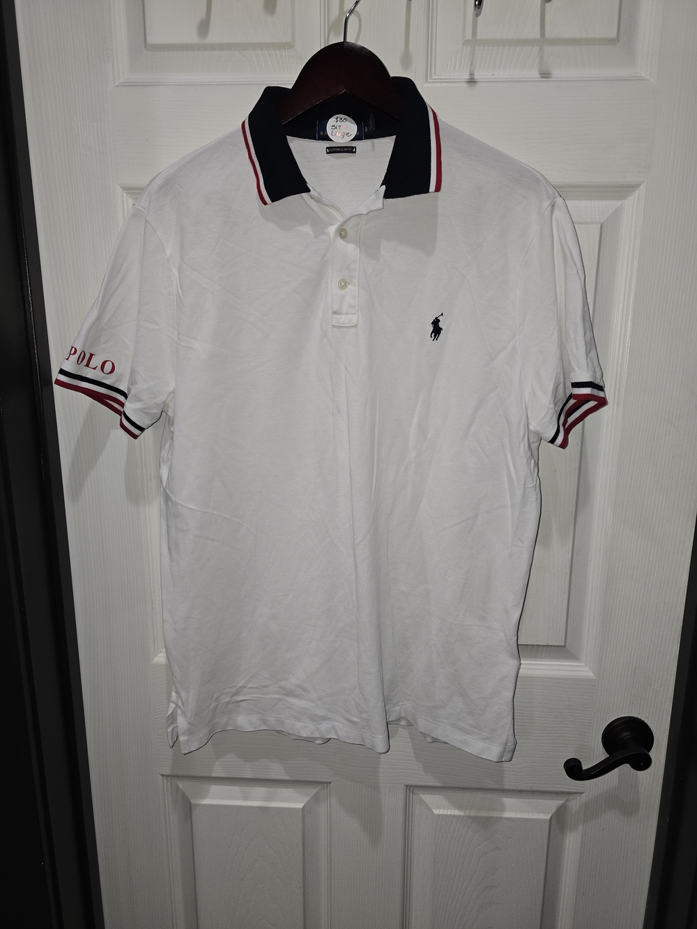 Polo by Ralph Lauren White Polo with Navy Collar and Red Trim